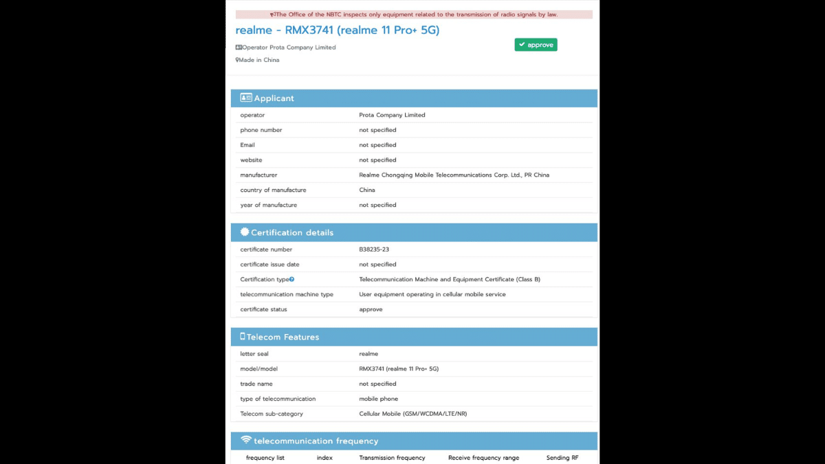 Realme 11 Pro+ spotted on BIS, NBTC certification