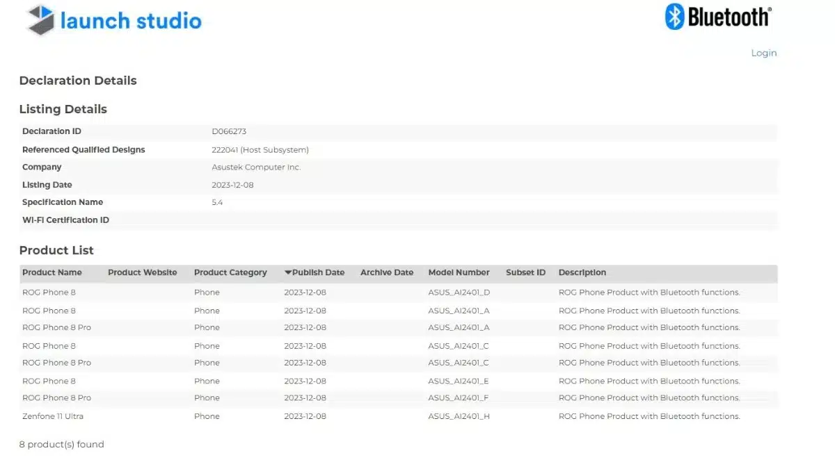 Asus ROG Phone 8, 8 Pro Bluetooth SIG certification