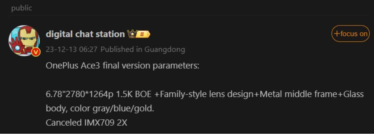 OnePlus Ace 3 Telephoto camera reportedly canceled