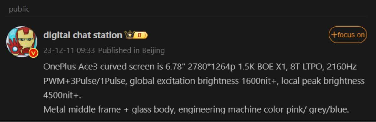 OnePlus Ace 3 display, other details tipped