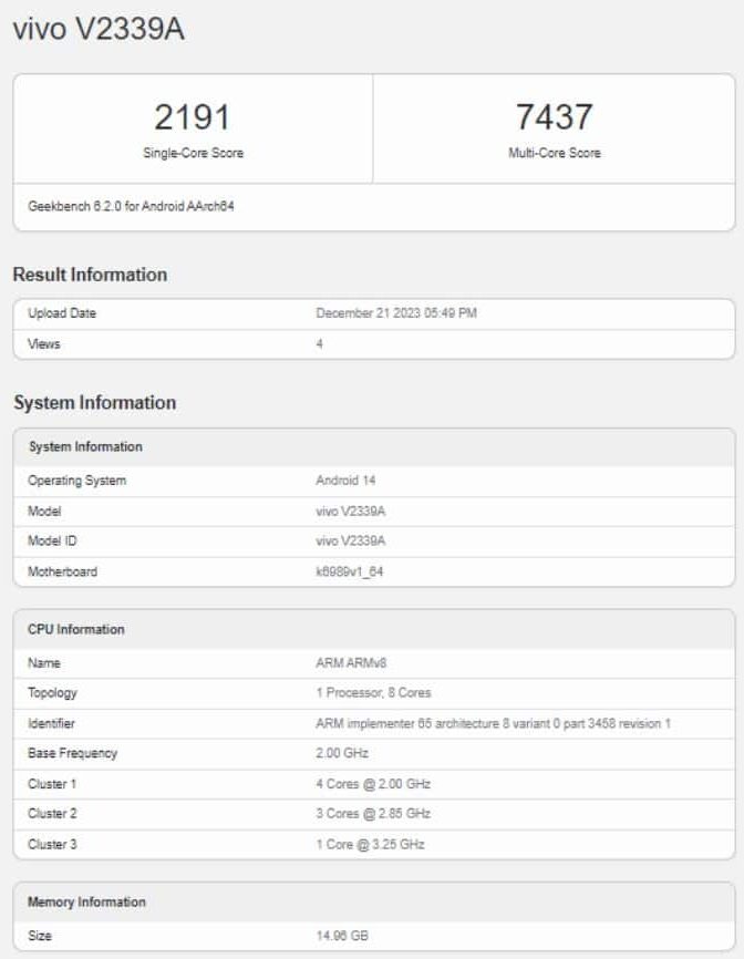 iQOO Neo 9 Pro Geekbench