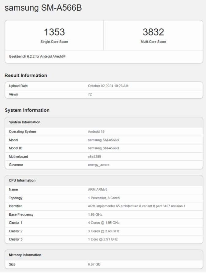 Samsung Galaxy A56 Geekbench details