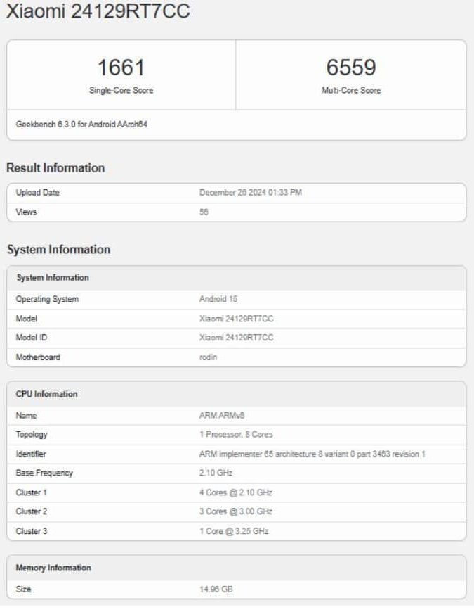 Redmi Turbo 4, Redmi Turbo 4 Geekbench, Dimensity 8400-Ultra, Redmi Turbo 4 specs